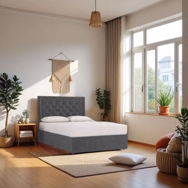 Knight Sleep Ellis Plush King Size Bed Set with Hybrid Mattress and 2 Drawers in Grey