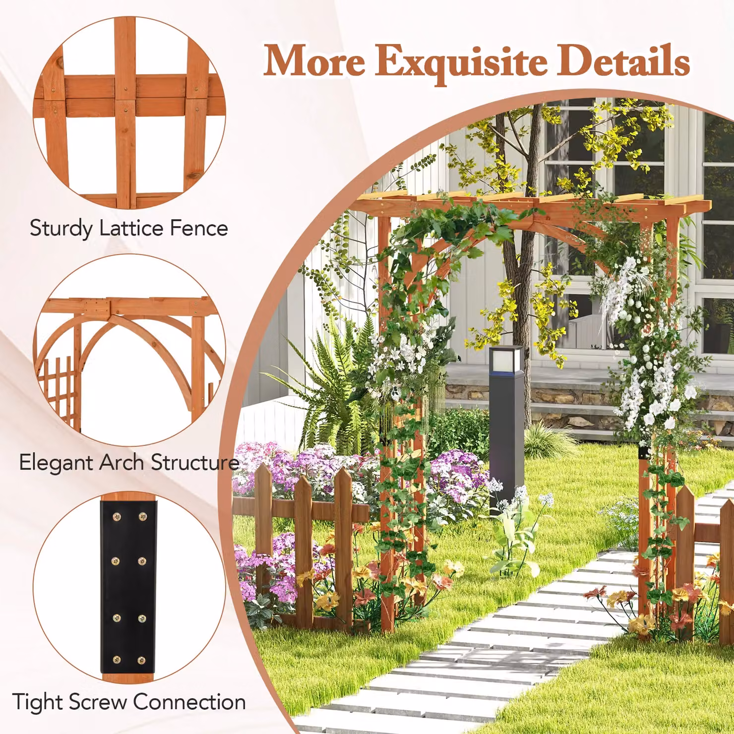 Gymax Wooden Garden Arbor Arch Trellis and Climbing Pergola in Khaki, H 211 x W 160 x D 60 cm – 4