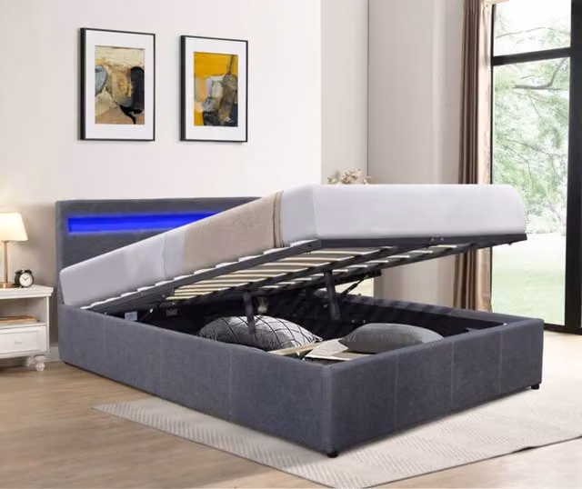 Comfy Living Ltd Modern Fabric Gas Lift Ottoman Bed Frame with LED Under-bed Lighting in Grey, W/D/H: 120 x 200 cm – 1