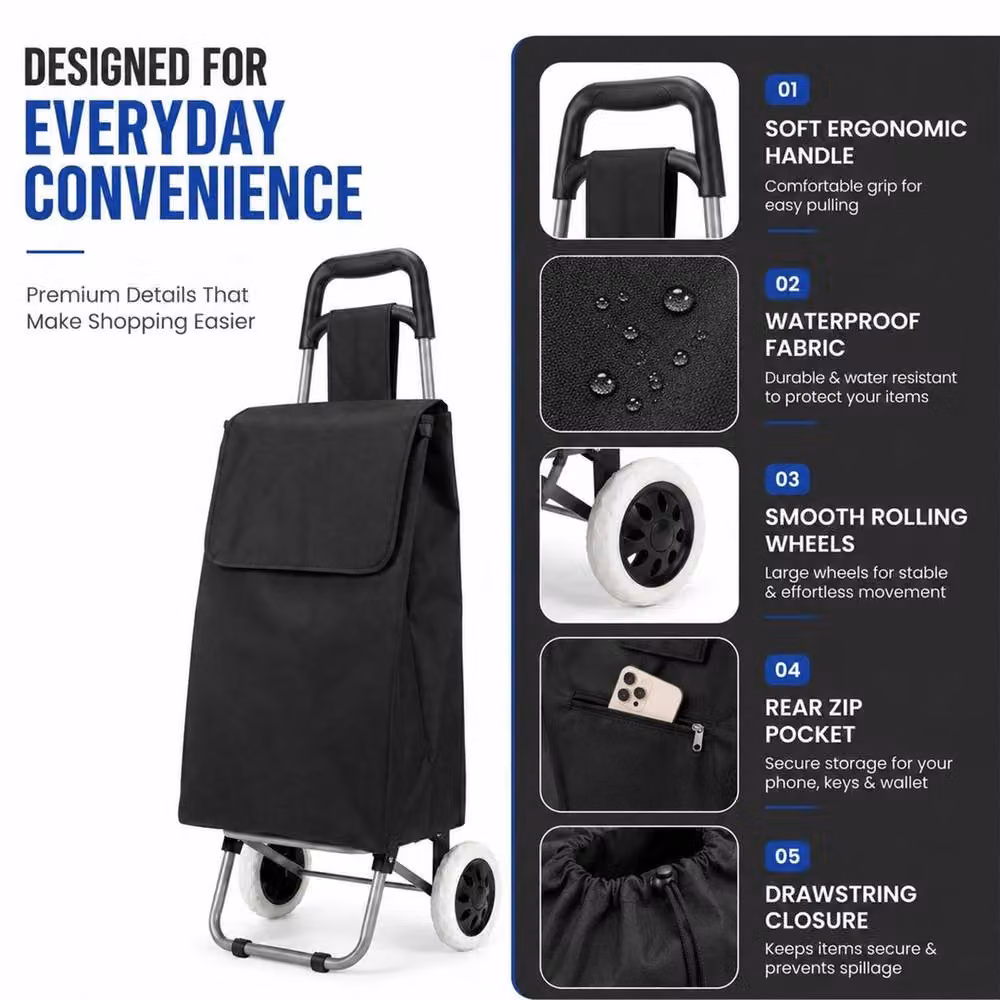 VOGREX 59L 2 Wheel Folding Shopping Trolley, Waterproof Lightweight Cart in Black – 5