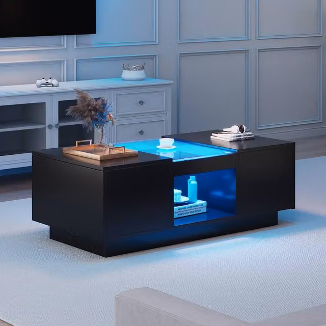 STILVORA Modern Black Rectangular Coffee Table with LED Lights and 2 Drawers