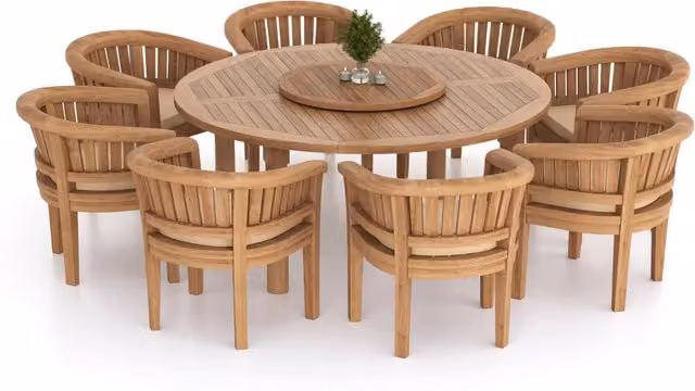Eterna Teak Garden Dining Table and 8 Chair Set with Green Cushions, W/D/H: 180 x 180 x 90 cm