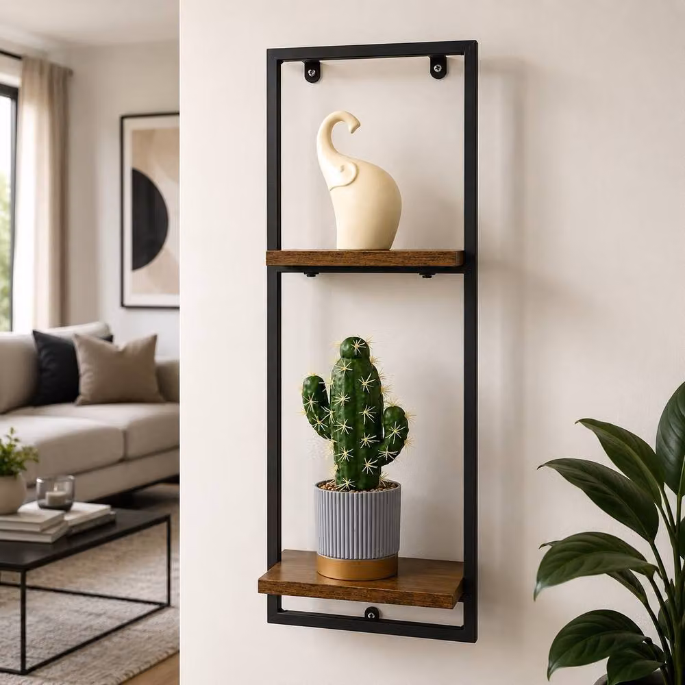 Spot On Dealz Black 2 Tier Industrial Floating Wall Shelf with Metal Frame and Oak MDF – 2