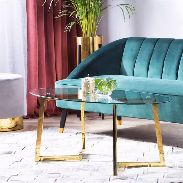Wyld and Coco Gold-Toned Oval Coffee Table with Transparent Glass Top, W/D/H: 120 x 60 x 45 cm