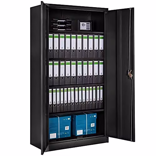 tectake Set of 2 Metal Filing Cabinets with Lockable Hinged Doors and Adjustable Shelves, Black, H 180 x W 90 x D 40 cm – 2