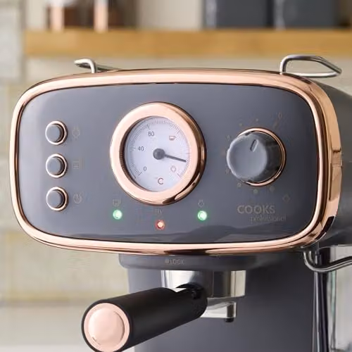 Cooks Professional 15-Bar Retro Espresso Coffee Machine with Steam Wand and 1.2L Removable Water Tank in Grey and Copper – 4