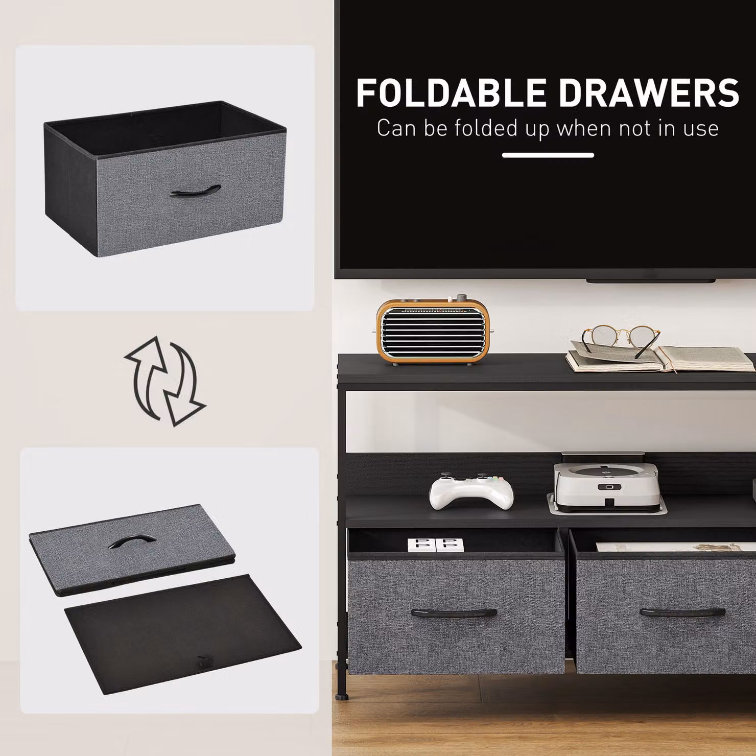 HOMCOM Modern Black TV Stand Cabinet with 3 Foldable Drawers and Metal Media Compartments – 4