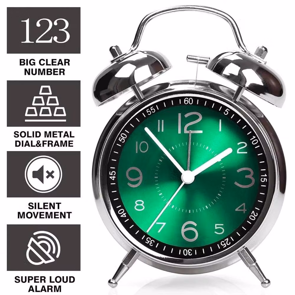 NESTLUNE Super Loud Twin Bell Alarm Clock with Night Light in Silver, W: 10.0 cm, H: 16.0 cm – 5