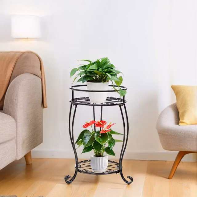 Komore 2-Tier Matt Black Metal Round Plant Pot Stand
