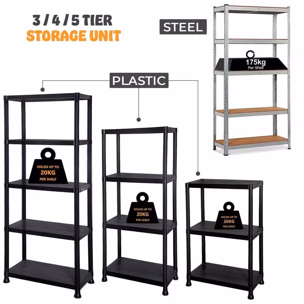 FLAVORA 5 Tier Heavy Duty Plastic Garage Storage Shelving Unit in Black