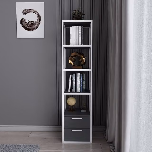 Decorotika Robbins 4-Tier Bookshelf with Cabinets in Anthracite and White