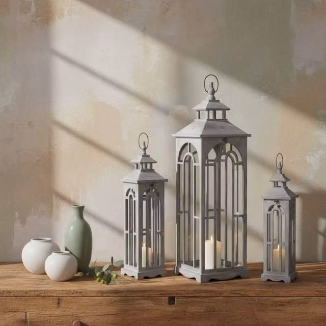 Wyld Haus Set of Three Greywashed Wooden Tabletop Lanterns with Arched Windows and Handles in Grey – 1