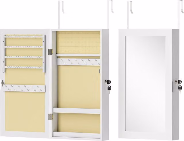 HOMCOM Modern White Jewelry Storage Cabinet with Mirror – 1