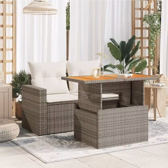 Berkfield Home Grey Poly Rattan and Acacia Wood Garden Table, W/D/H: 100 x 55 x 73 cm