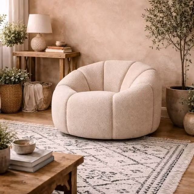 Wyld Haus Juniper Retro Bouclé Swivel Armchair in Beige