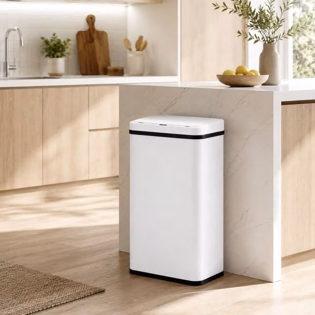 STILVORA 50L Sensor Bin with Soft-Close Lid and Fingerprint-Proof Stainless Steel Finish in White