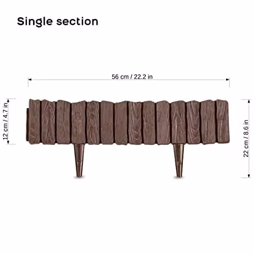 SolaDirect Brown Wood Bark Effect Plastic Lawn Edging Border Palisade with Ground Stakes – 4