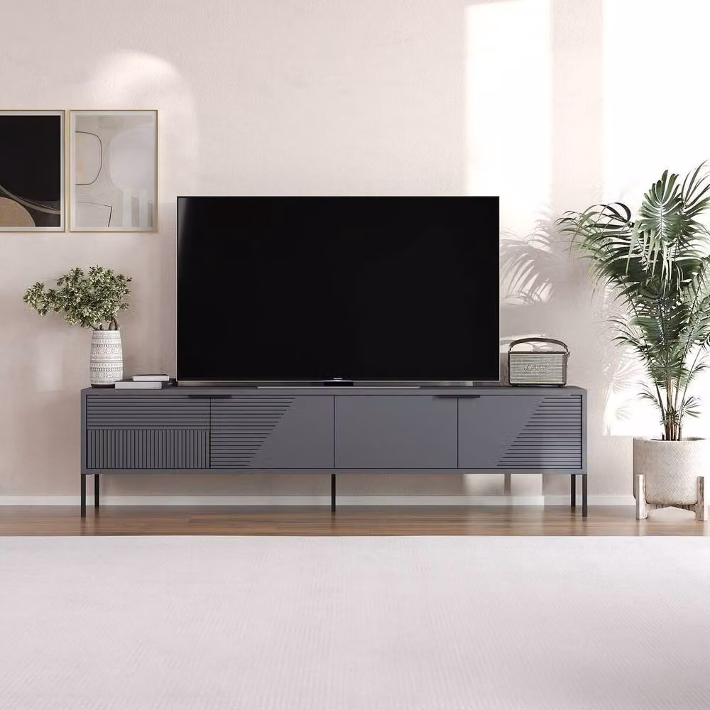 CALICOSY Modern TV Stand on Legs with 2 Grooved Drop-Down Doors in Grey and Gold, W: 180 cm, D: 45 cm, H: 30 cm – 2