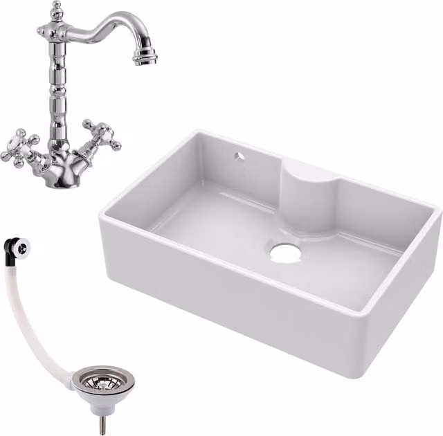 Balterley White Fireclay 1 Bowl Butler Sink with Overflow, Tap Ledge and Waste, Width: 795 mm