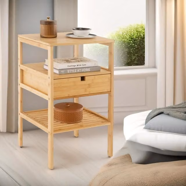 Pirlo Plush Bamboo Bedside Table with Drawer and Shelf in White, W: 40 cm, D: 40 cm, H: 68 cm