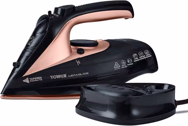 Tower Cordless Steam Iron in Gold and Black with Anti-Calc Function and Ceramic Soleplate, 2400W