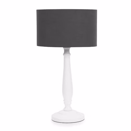 ValueLights Traditional White Wood Candlestick Table Lamp with Grey Fabric Drum Shade and LED Bulb – 1