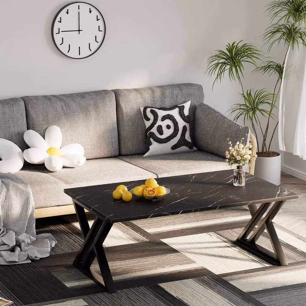 Huhote Modern Rectangular Coffee Table with Black Metal X-Frame and Composite Top – 2
