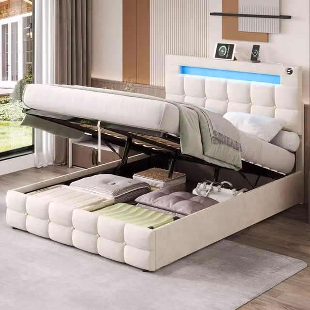 Merax Double Velvet Upholstered Ottoman Bed with LED Lighting and USB Charging Station, Beige, W: 135 cm x D: 190 cm – 1