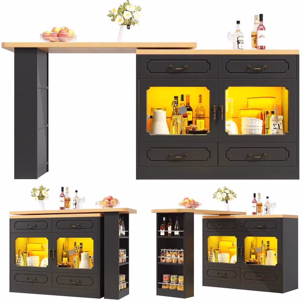 ModernLuxe Extendable Bar Cabinet with LEDs and 4 Drawers in Matt Black – 7