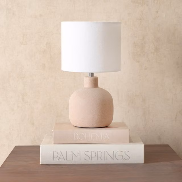 ValueLights Chelsea Sandblast Ceramic Table Lamp with Linen Drum Shade in Beige
