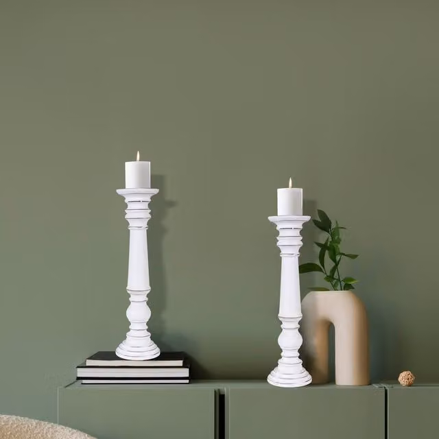 Topfurnishing Set of 2 Rustic Antique Carved Wooden Pillar Church Candle Holders in White, W/D/H: 13 x 13 x 31 cm