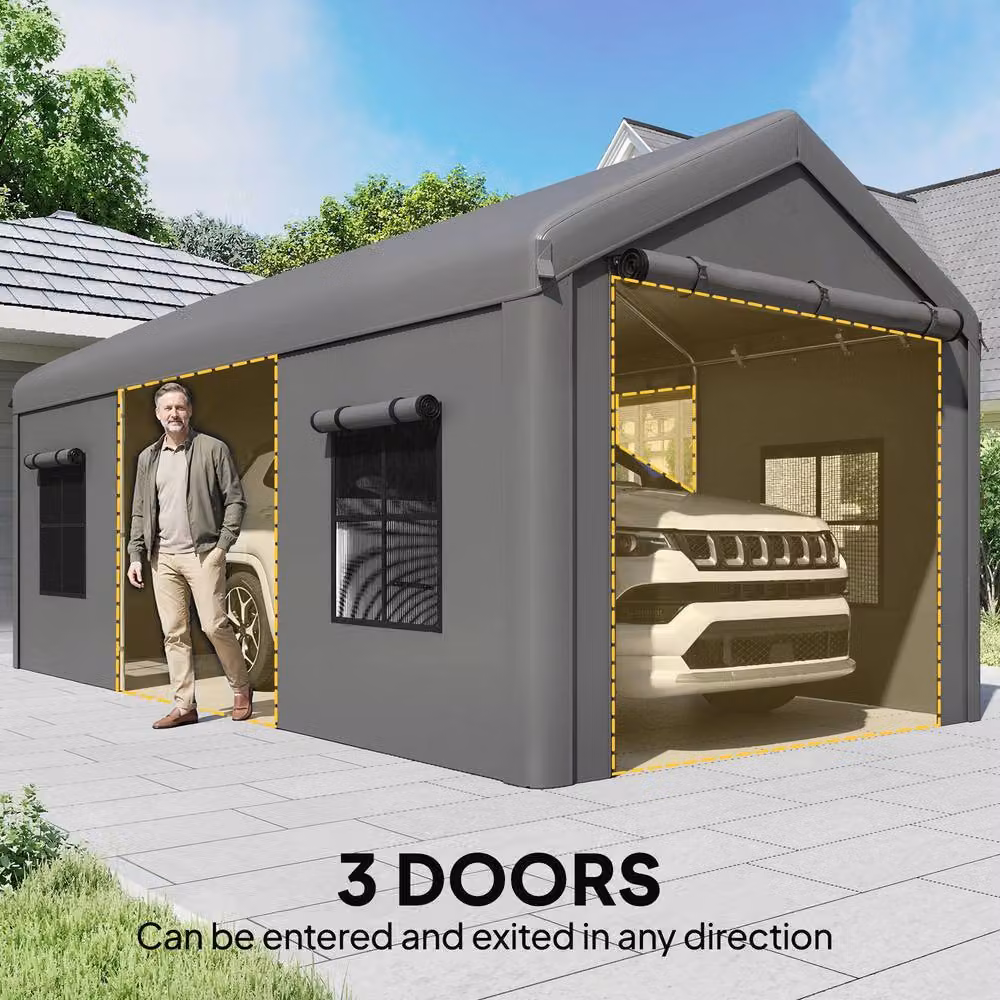 OUTSUNNY Heavy Duty Gable Carport with 3 Doors and Windows, Dark Grey, W: 600 cm, D: 300 cm, H: 282 cm – 6