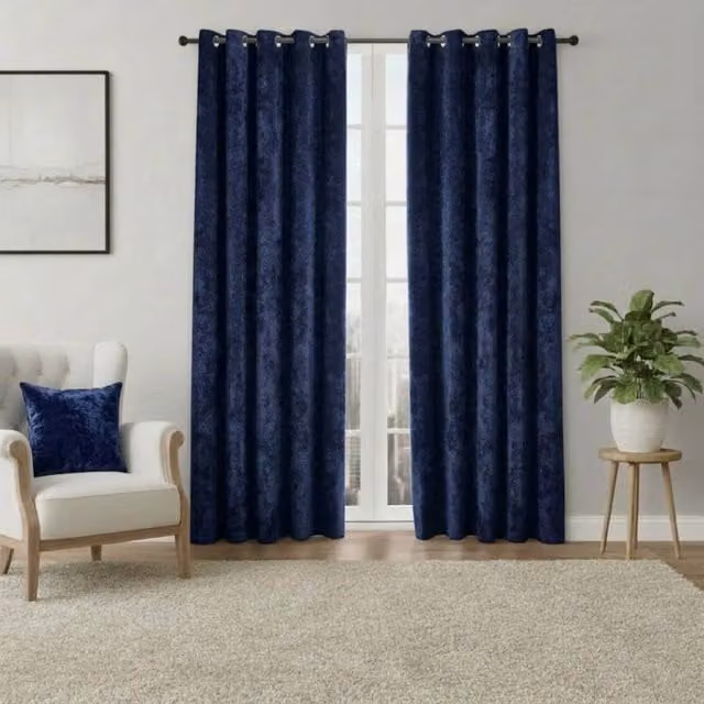 Snug City Navy Blue Crushed Velvet Eyelet Curtains, Thermal Insulating and Opaque, Width: 168 cm, Drop: 137 cm
