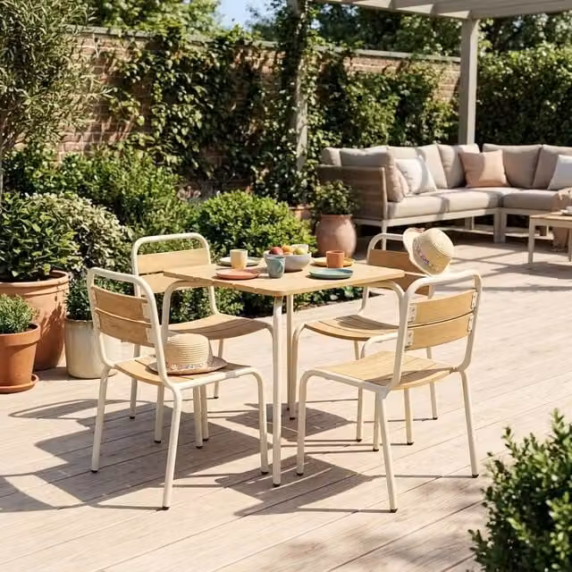 sweeek Childrens Garden Table and 4 Chairs Set in Beige with Steel and Wood Decor – 1