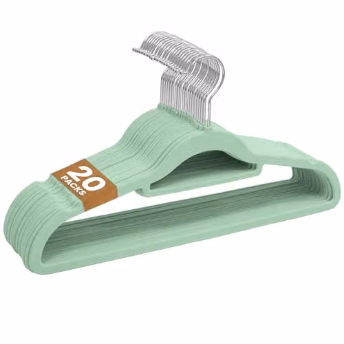 Sasha Morel 20 Pack Non-Slip Velvet Coat Hangers with Tie Organiser and Swivel Hooks, Green – 1