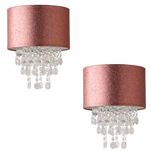 ValueLights Pair of Pink Glitter Cylinder Ceiling Pendant Drum Light Shades with Transparent Acrylic Jewel Droplets and LED Bulbs, Width: 28 cm – 1