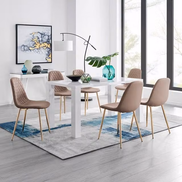 FurnitureboxUK Pivero White High Gloss Rectangular Dining Table and 6 Corona Gold Chairs in Cappuccino