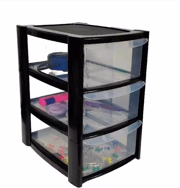 FORGEVIO 3 Tier Plastic Mini Drawer Storage Unit in Black and Transparent, W: 50.0 cm, D: 32.0 cm, H: 50.0 cm – 1