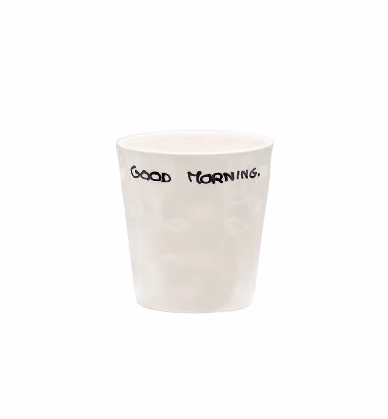 Anna + Nina Good Morning Coffee Cup in White Stoneware