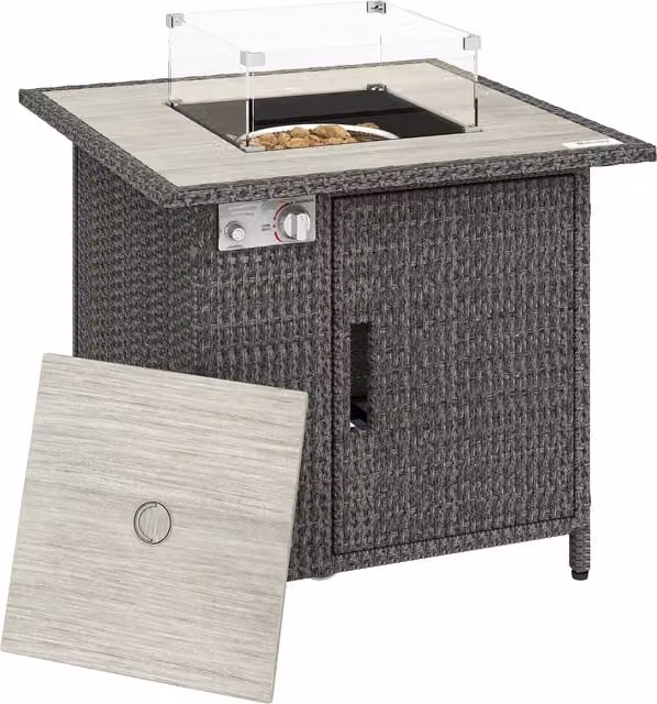 Outsunny Dark Grey Rattan Gas Fire Pit Dining Table with Rain Cover, Wind Guard, Lid and Lava Rocks – 1