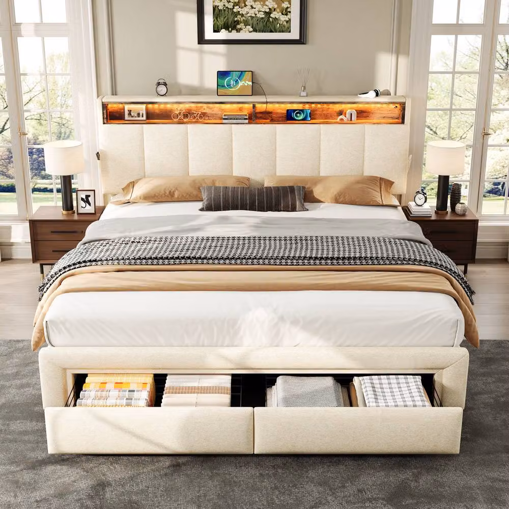 ModernLuxe King Upholstered Ottoman Bed with Drawers, LED Headboard, USB Charging Ports and Bedside Shelves in Beige – 3