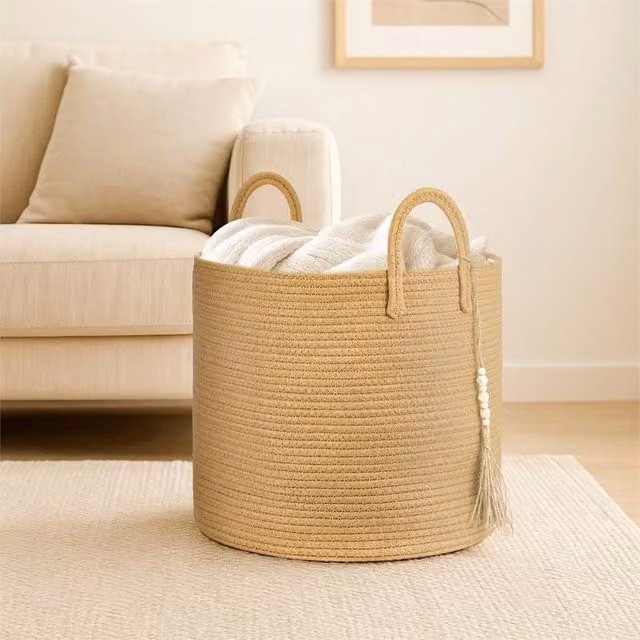 EONLION Wicker Laundry Basket with Handles in Beige, W/D/H: 40 x 40 x 35 cm