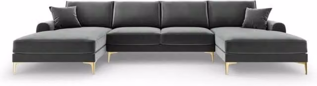 Snug Furniture Birmingham Ltd Monroe Plush U-Shaped Corner Sofa in Grey Velvet with Gold Metal Legs