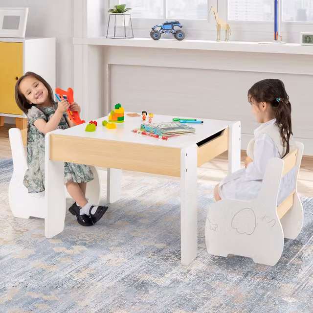 Costway Kids Table and Chair Set with Hidden Storage in White