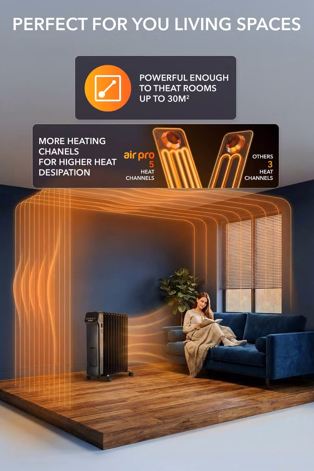 Air Pro 2500W Oil-Filled Electric Radiator with Thermostat and 9 Hour Timer, Black – 5