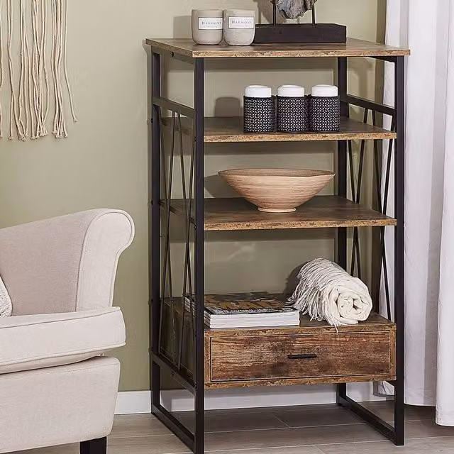 Wyld and Coco Industrial Console Table and TV Stand in Dark Brown with Metal X-Frame, 3 Shelves and 1 Drawer
