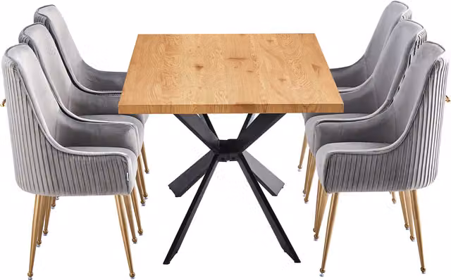 Life Interiors Soho Duke LUX Dining Set with Square Table and 6 Grey and Gold Chairs