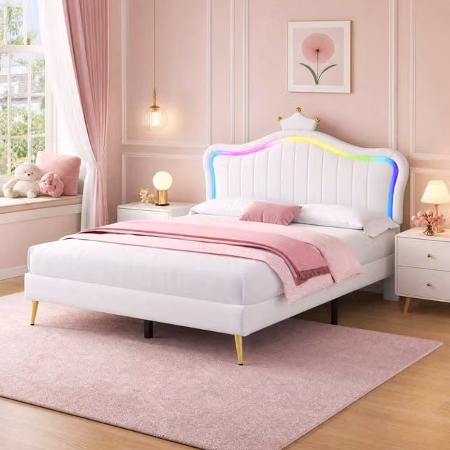 STILVORA Double Upholstered Bed with LED Crown Headboard in White, W/D/H: 140 x 200 cm – 1