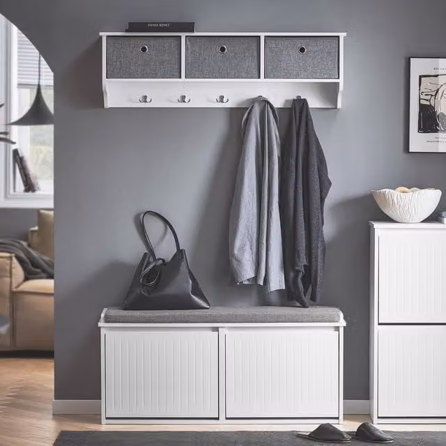 SoBuy Modern Slim Entrance Bench and Shoe Rack with Upholstered Fabric Frame in White and Grey – 1