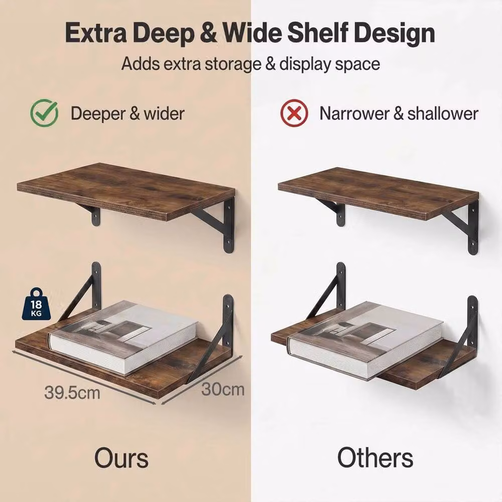 Kelvenix Set of 2 Rustic Brown Wall Mounted Floating Shelves – 3